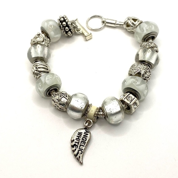 Charm Bracelet White Glass Beads Silver Tone 8” - Picture 1 of 5